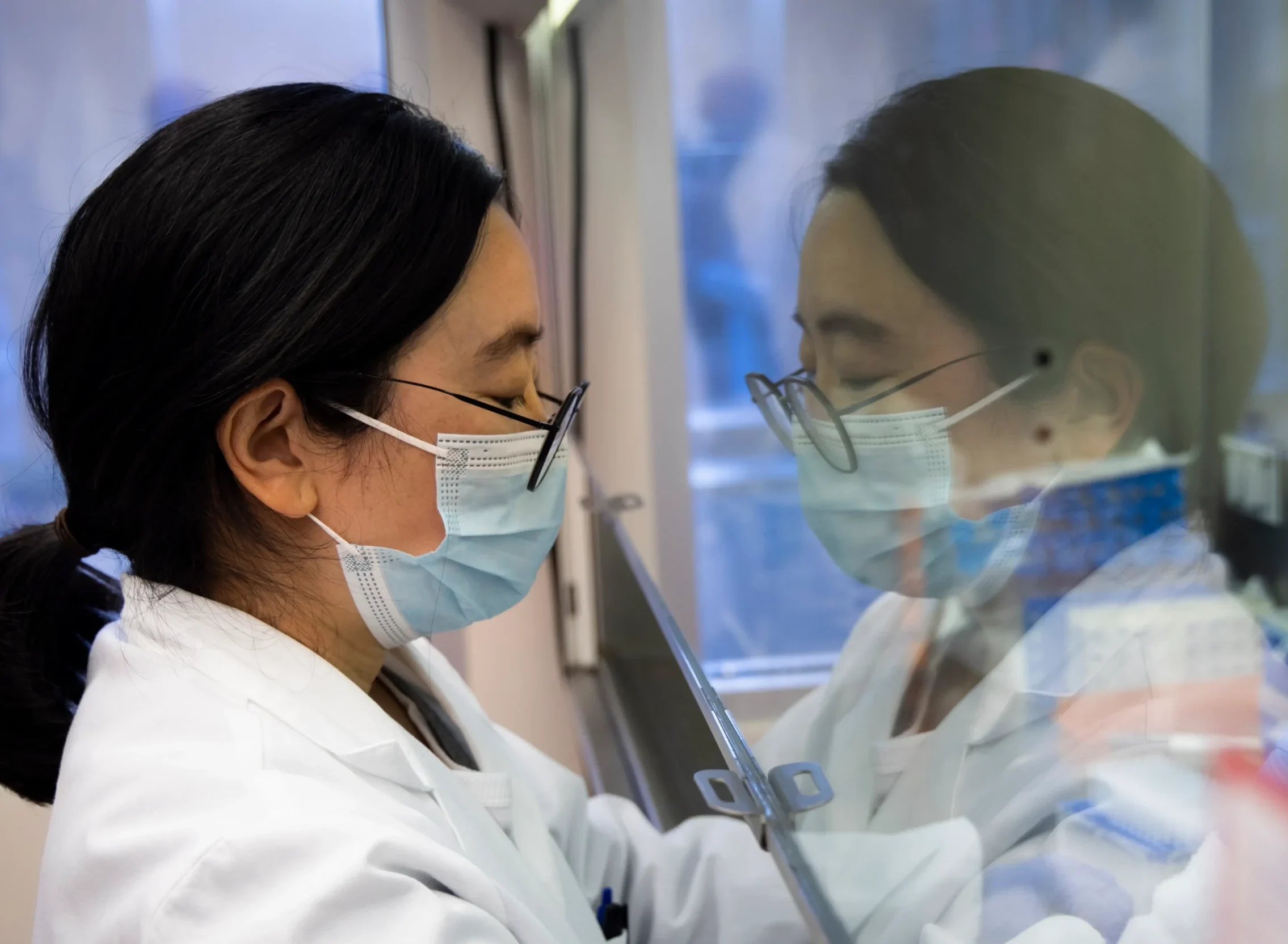 A UNC Health researcher works inside a laboratory biosafety cabinet while preparing samples for a women's health research study