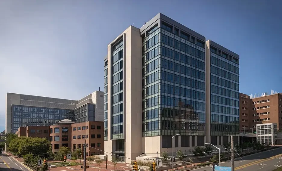 Exterior view of the UNC Lineberger Comprehensive Cancer Center, a leading academic cancer research and patient care facility supported by hospital donations and healthcare philanthropy