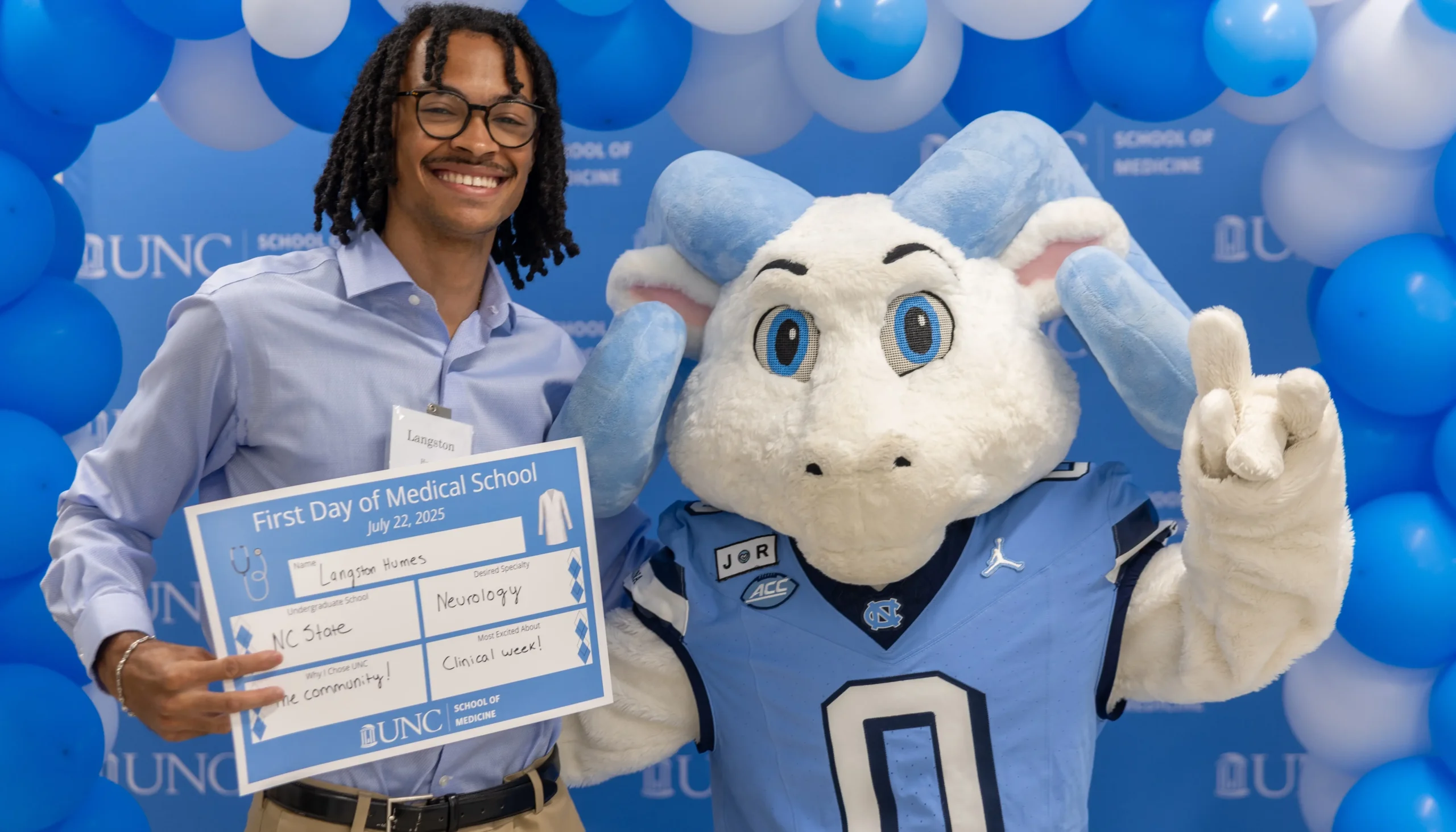 UNC School of Medicine scholarship recipient celebrates his education with the UNC mascot on Match Day.