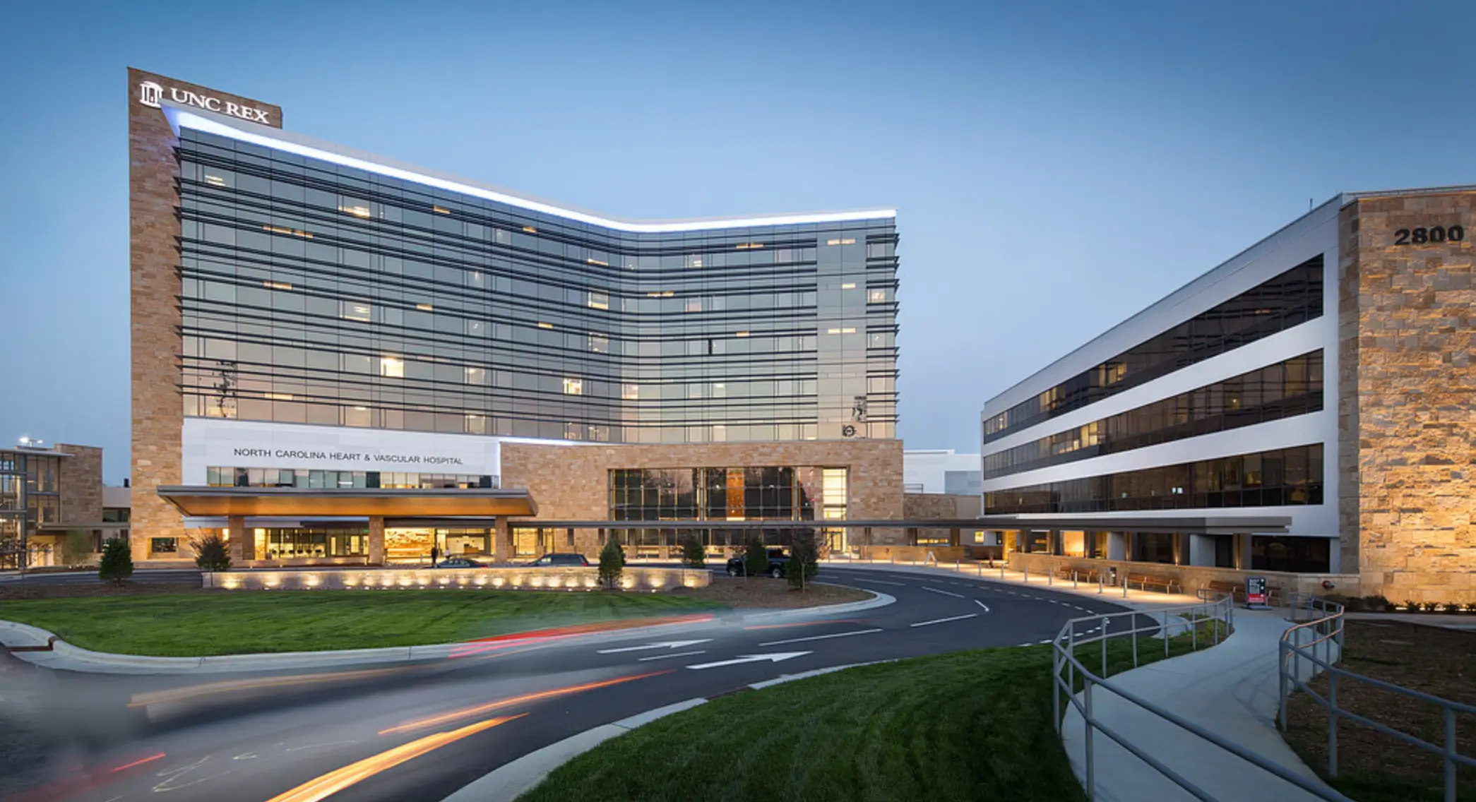 Exterior view of UNC REX Healthcare’s North Carolina Heart & Vascular Hospital, a hub of cardiovascular research