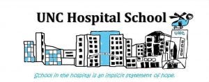 UNC Hospital School banner showing hospitals and helicopter and text with "School in the hospital is an implicit statement of hope."