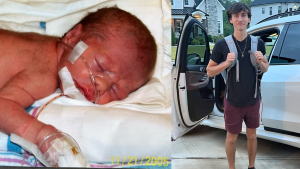 Joey Pontier as a baby in the NICU and today as a teenager standing in front of a car.