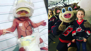 Oliver Leonard in the NICU as a baby and today at a Carolina Hurricanes game.